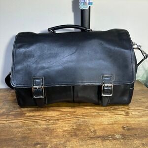 Coach Mens Black Leather Messenger Bag Briefcase White Stitching Silver Hardware